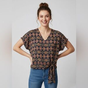 h.i.p. Black and Gold Geometric V-Neck Blouse